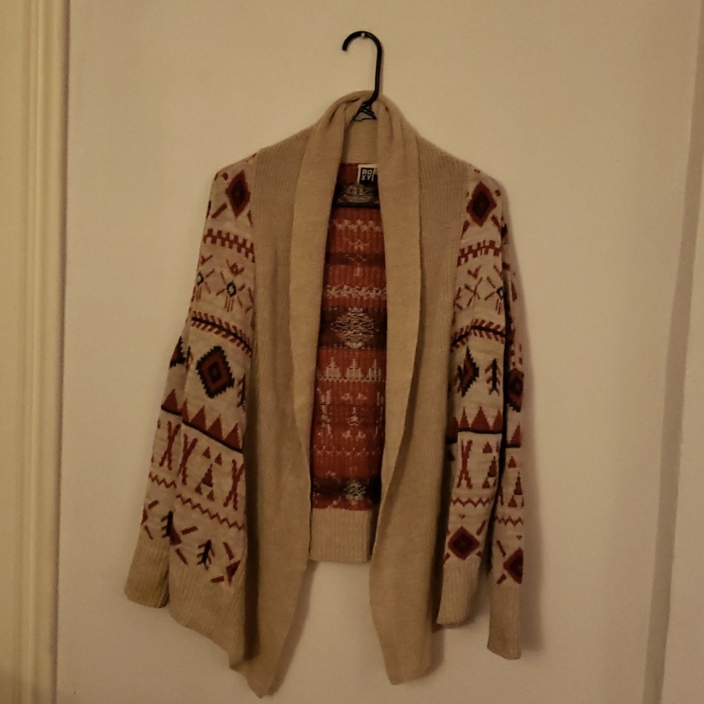 Roxy | Cream, Orange + Brown Aztec Open-Front Knit Cardigan | XS